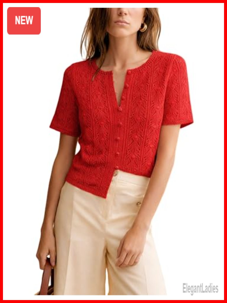 Womens Casual Short Sleeve Crochet Knit Cardigan Lightweight Button Down Hollow